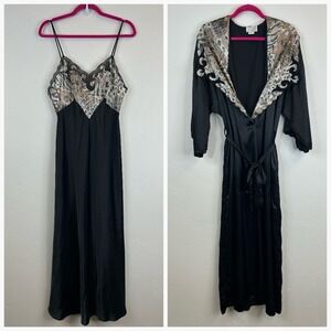Vintage Black‎ Satin 90s Slip Dress Robe Set Size M Goth Witchy Sexy Romantic
